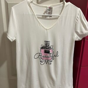 White V-Neck T-Shirt with Perfume Graphic